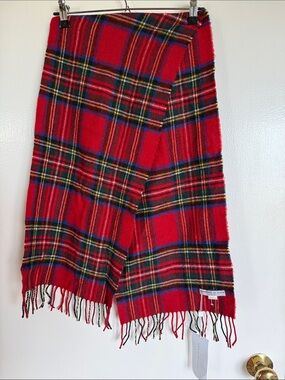 Johnstons of Elgin Red Tartan Plaid Fringe Scarf